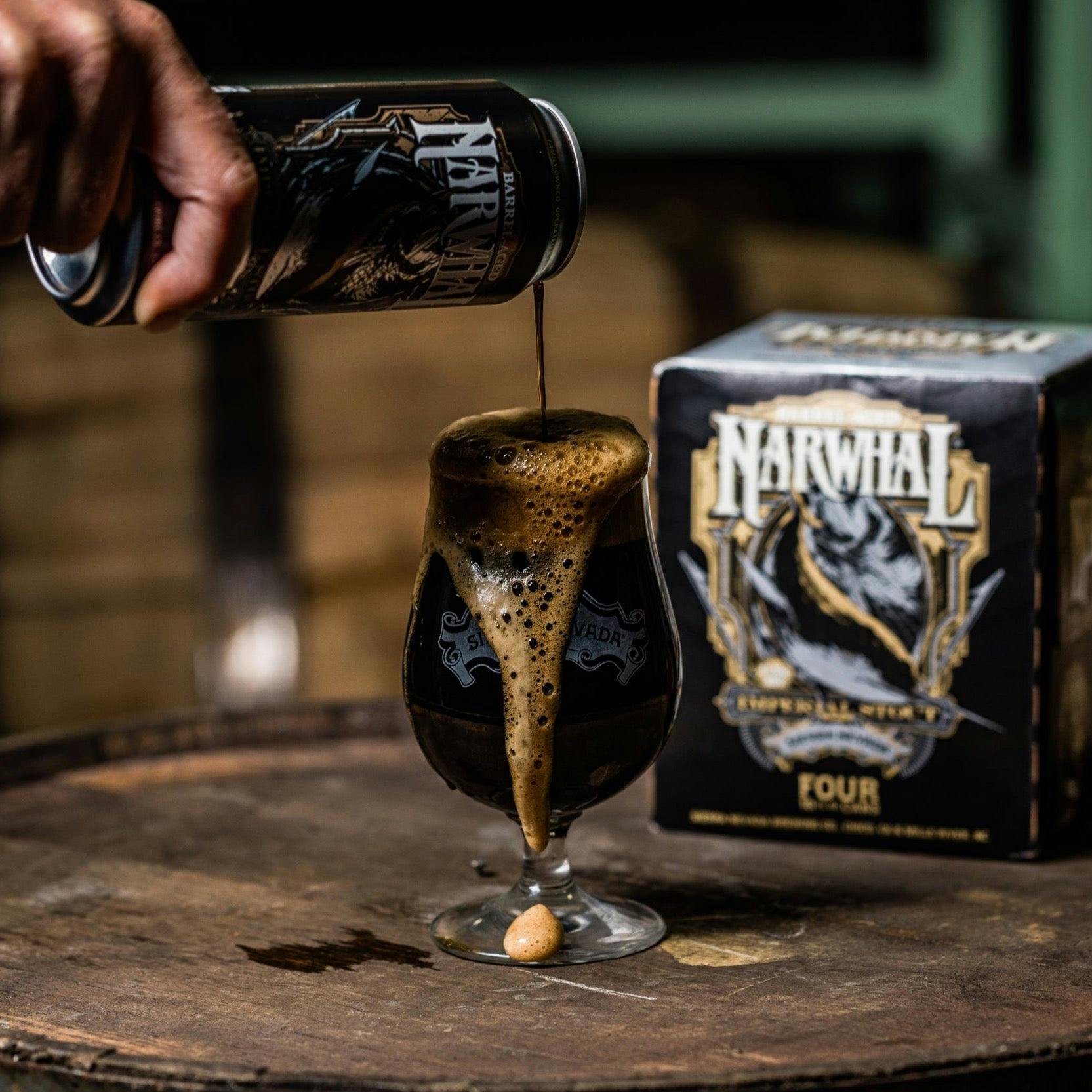 A can of Sierra Nevada Barrel Aged Narwhal Imperial Stout is poured into a pint glass