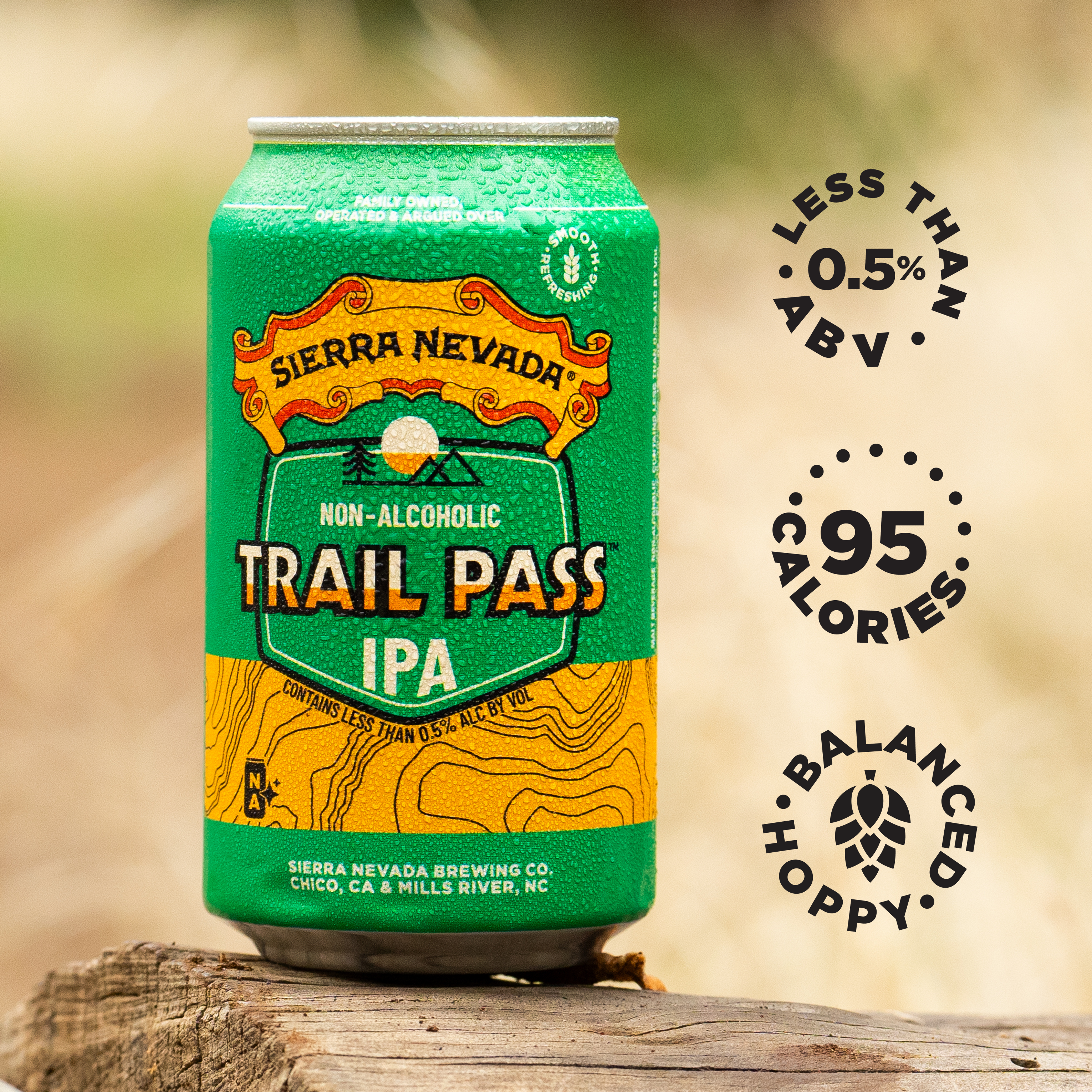 Sierra Nevada Trail Pass Non-Alcoholic IPA 12oz can with nutritional information icons