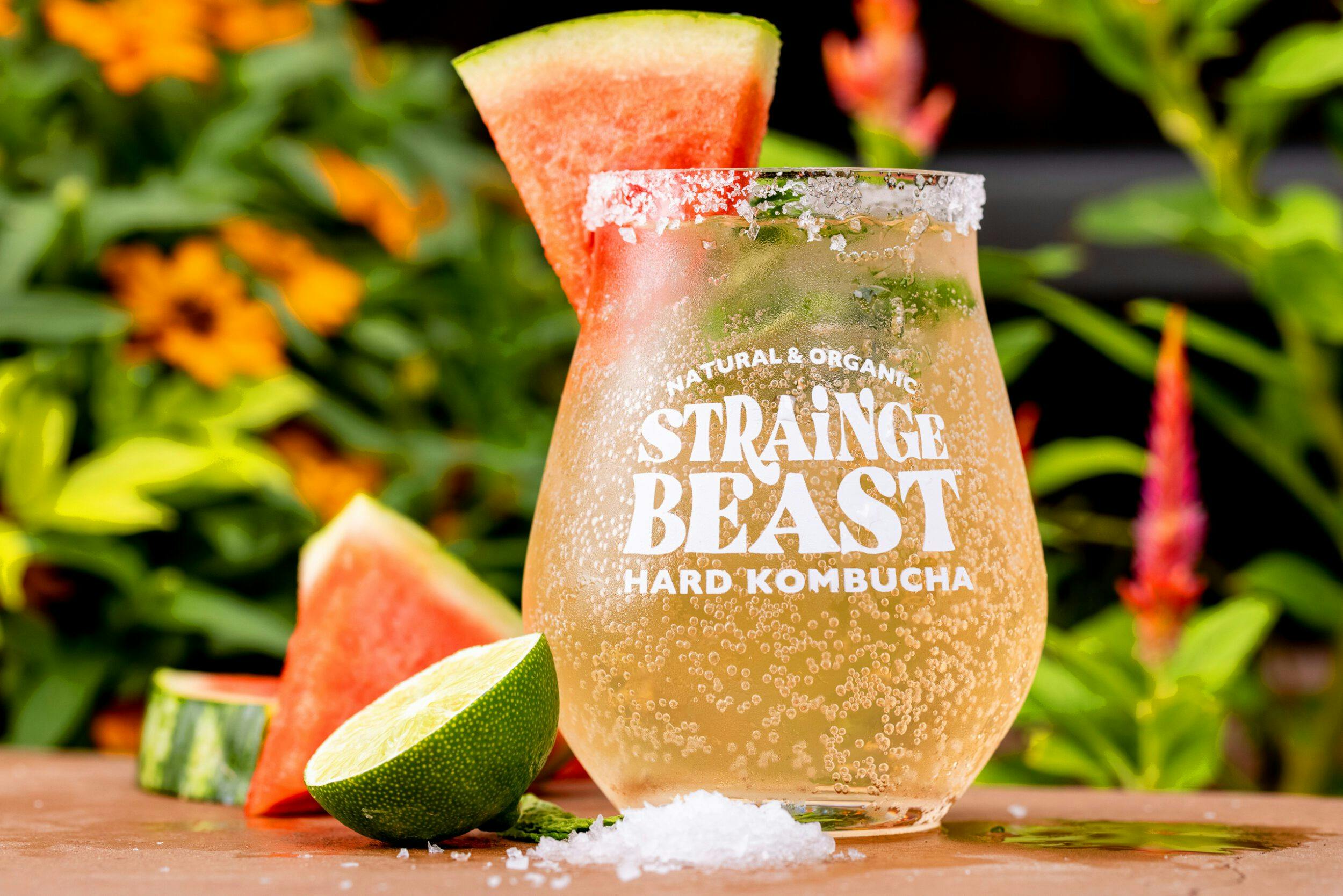 A freshly poured glass of Strainge Beast Watermelon, Sea Salt, Lime and Mint kombucha in a glass surrounded by fresh slices of watermelon