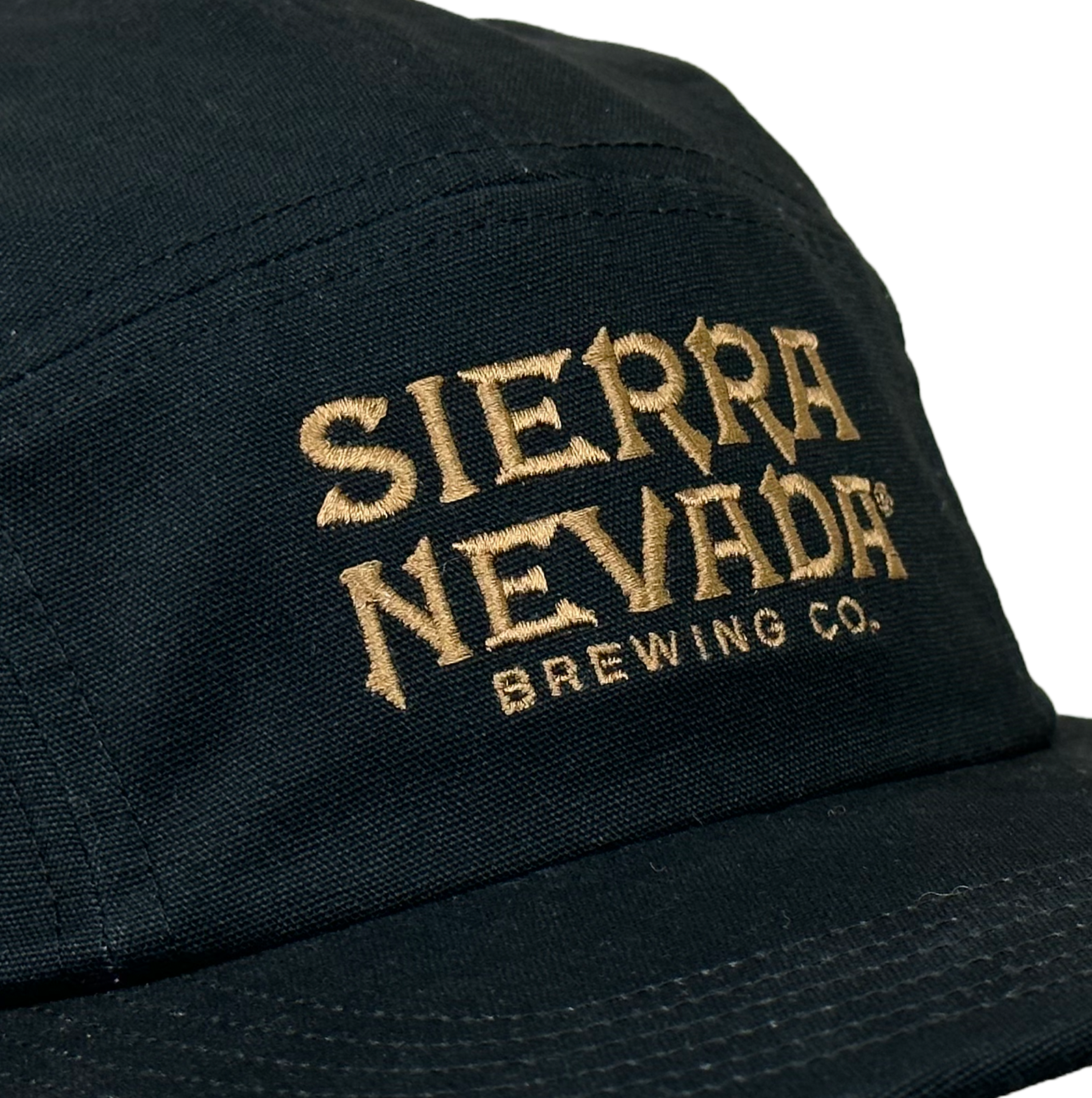 Sierra Nevada Camper Hat - close-up view of embroidered Sierra Nevada text on the front of the hat