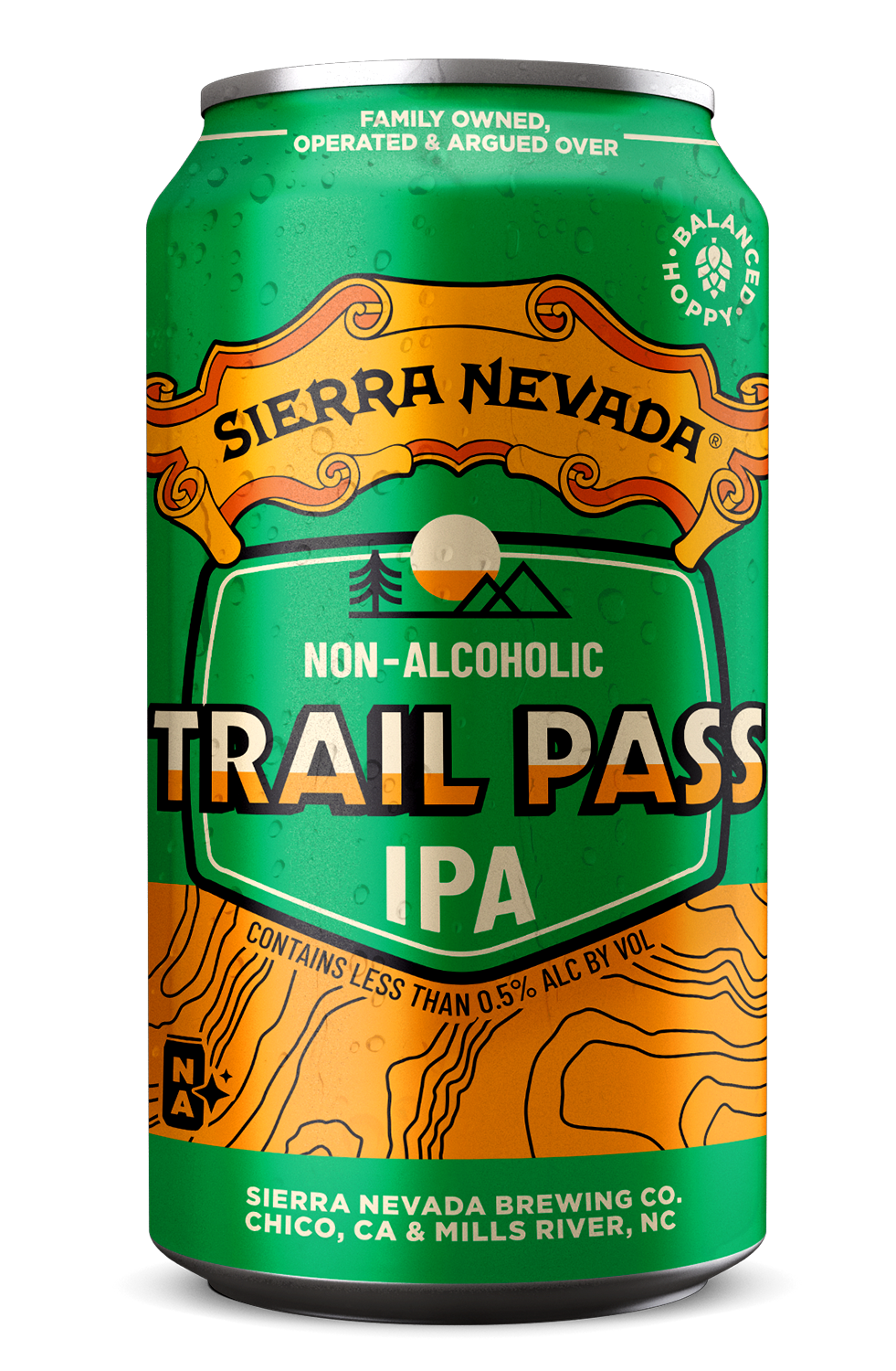 An individual can of Sierra Nevada non-alcoholic Trail Pass IPA brew