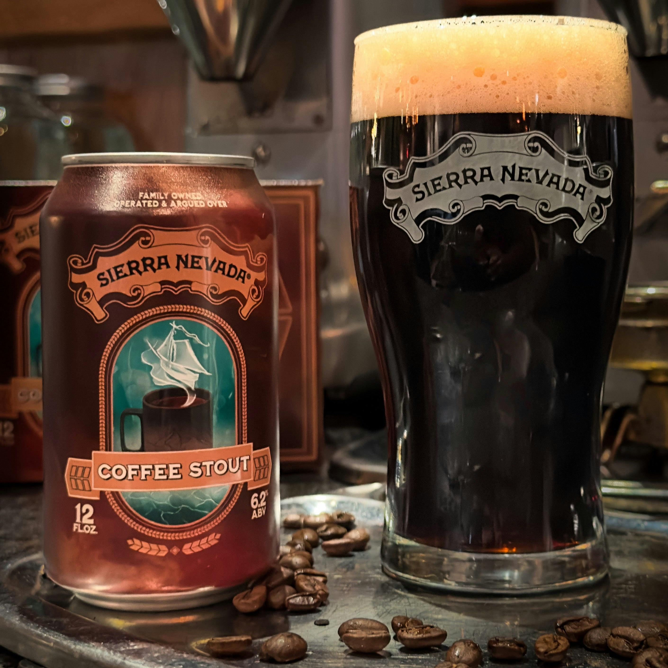 Sierra Nevada Brewing Co. Coffee Stout poured into a pint glass with a can sitting next to it at a bar