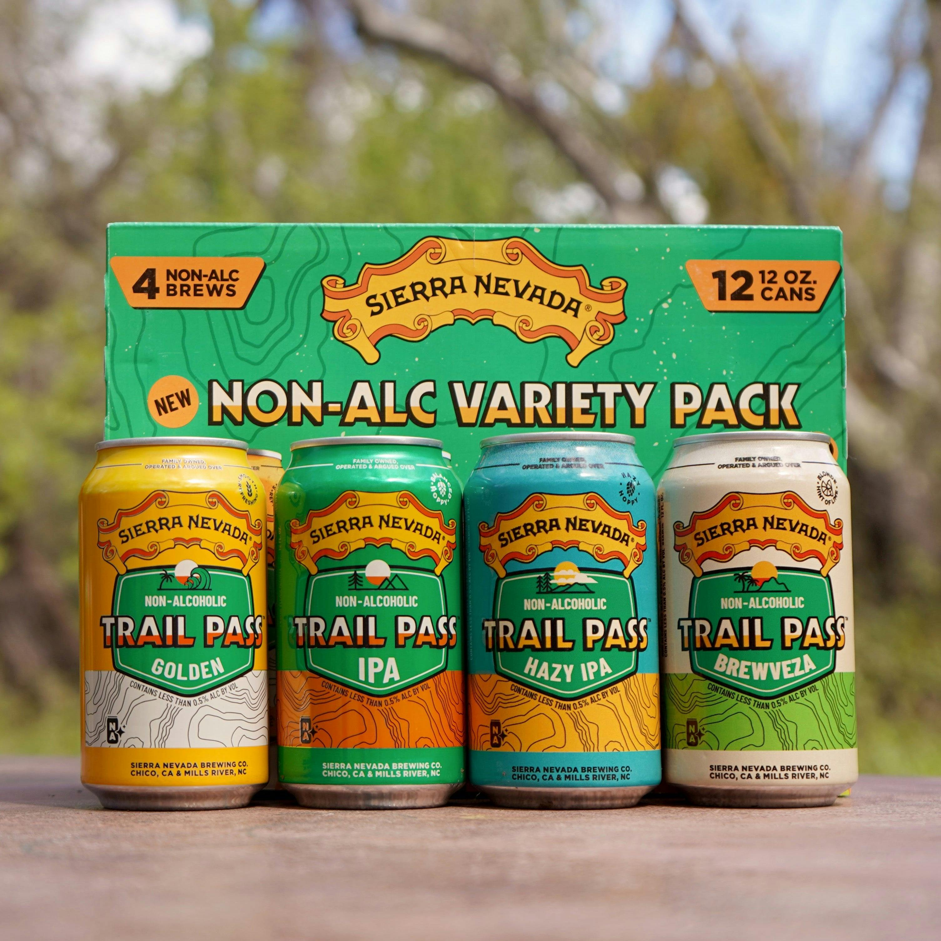 Sierra Nevada Brewing Co. Trail Pass Variety Pack with individual cans lined up in front of the package