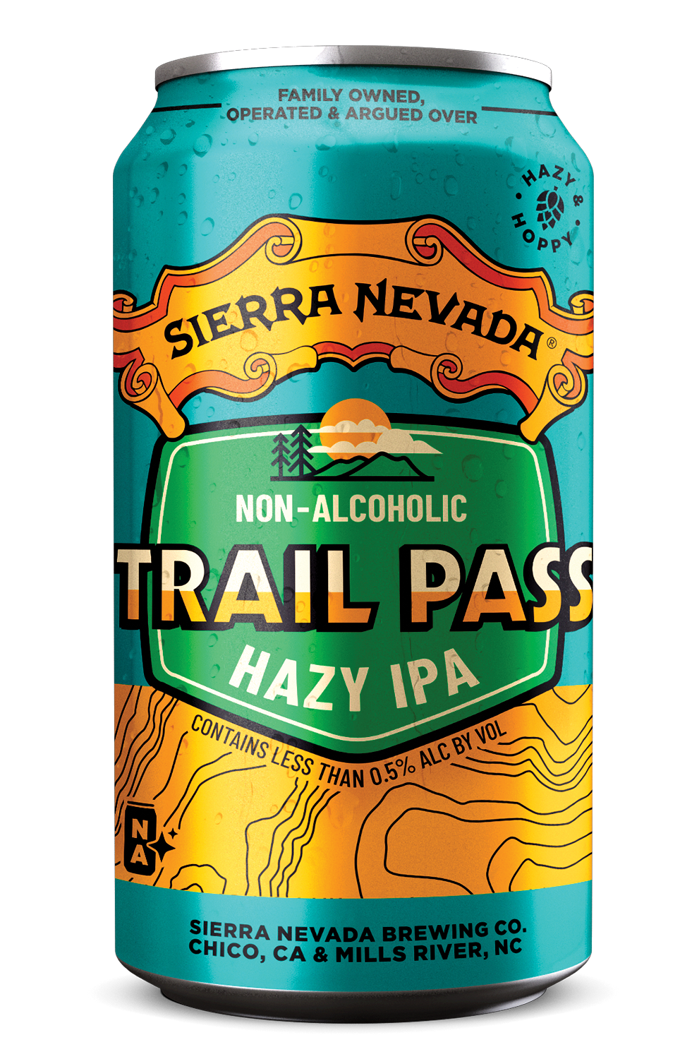 An individual can of Sierra Nevada non-alcoholic Trail Pass Hazy IPA brew