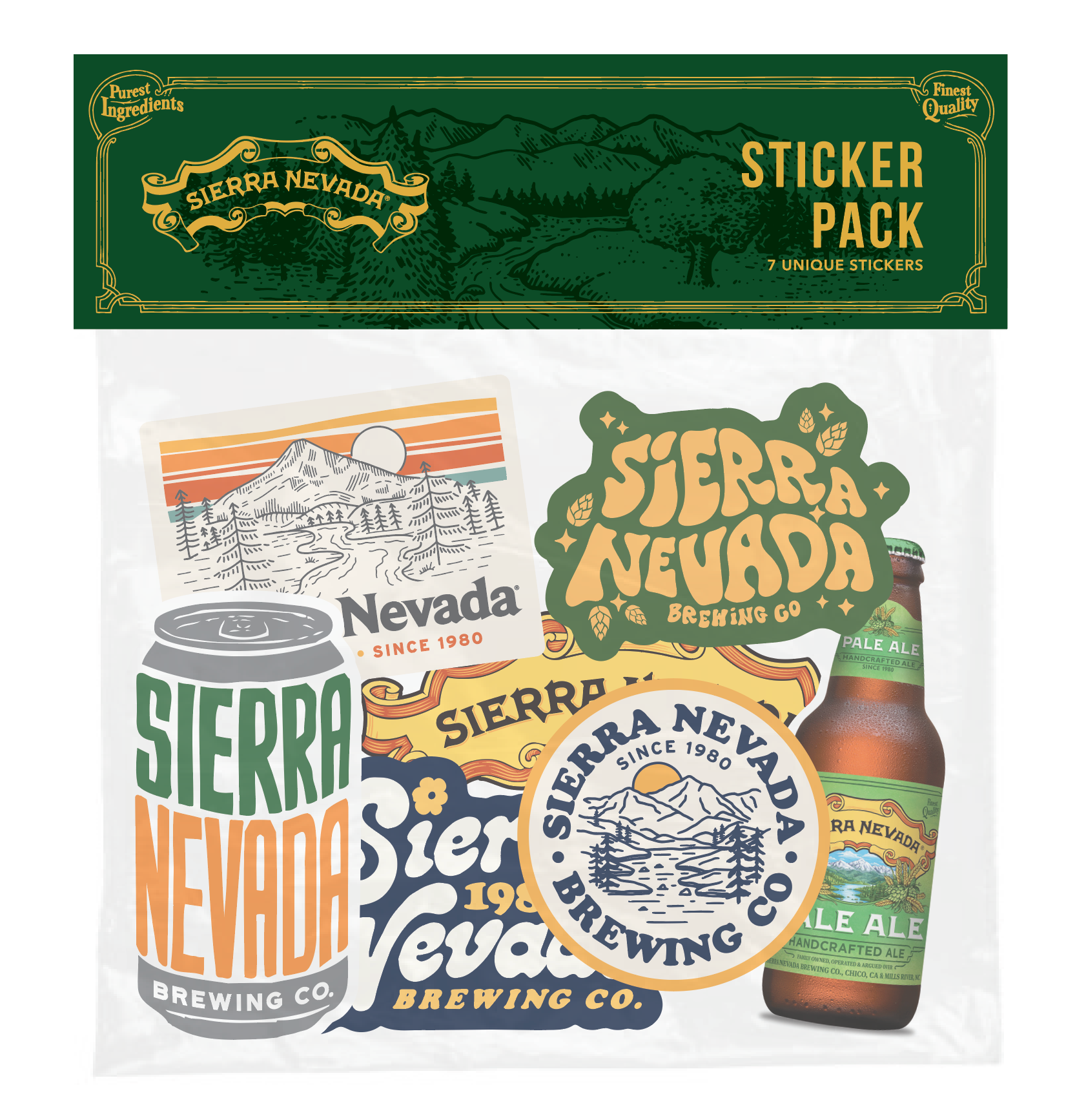 Sierra Nevada Brewing Co. assorted sticker pack, featuring a variety of logo stickers and beer can and beer bottle branded stickers