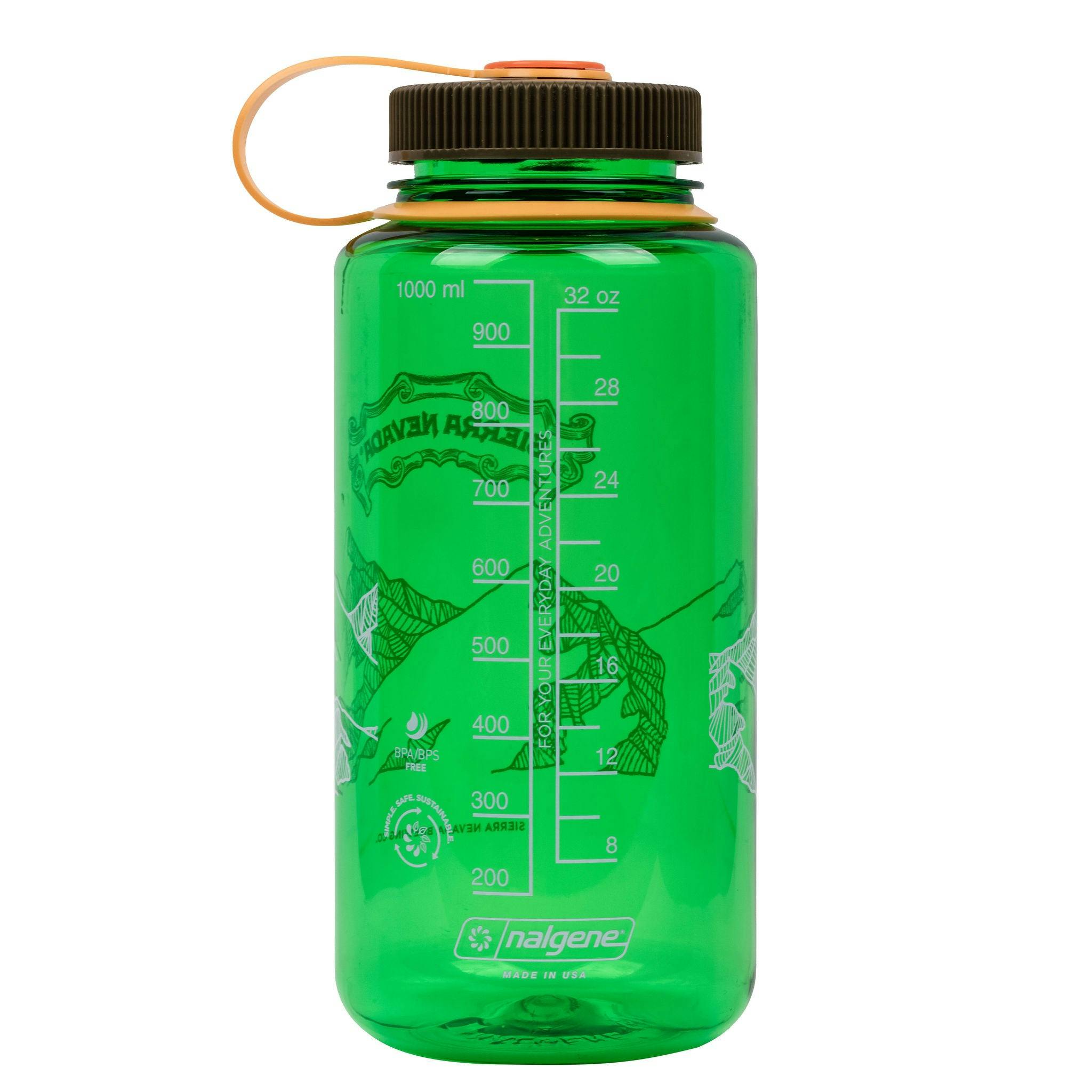 Nalgene 32oz green water bottle featuring mountain peak design
