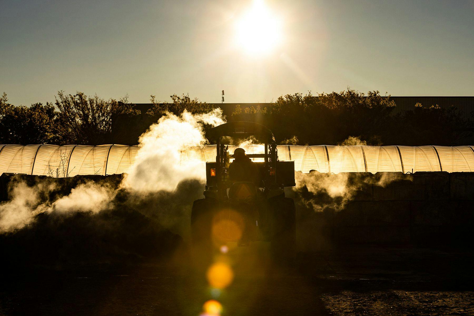 A tractor moving compost piles in the morning sunlight