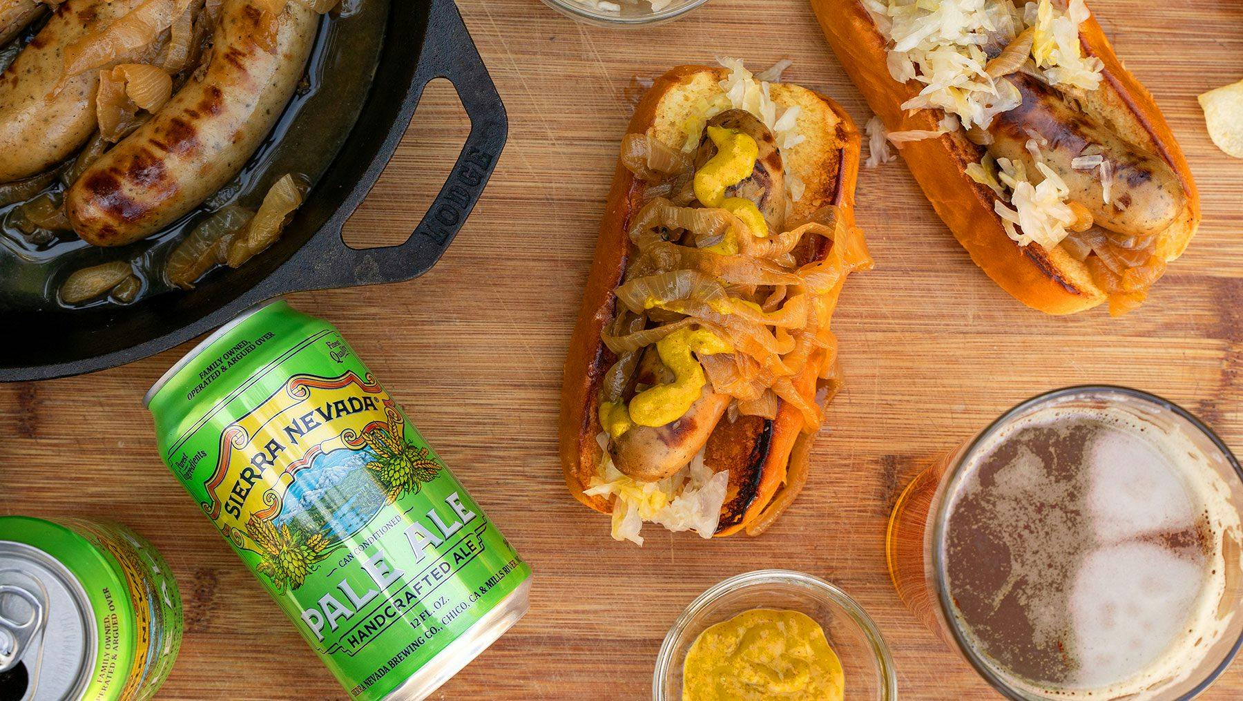 A can of Sierra Nevada Pale Ale next to cooked brats
